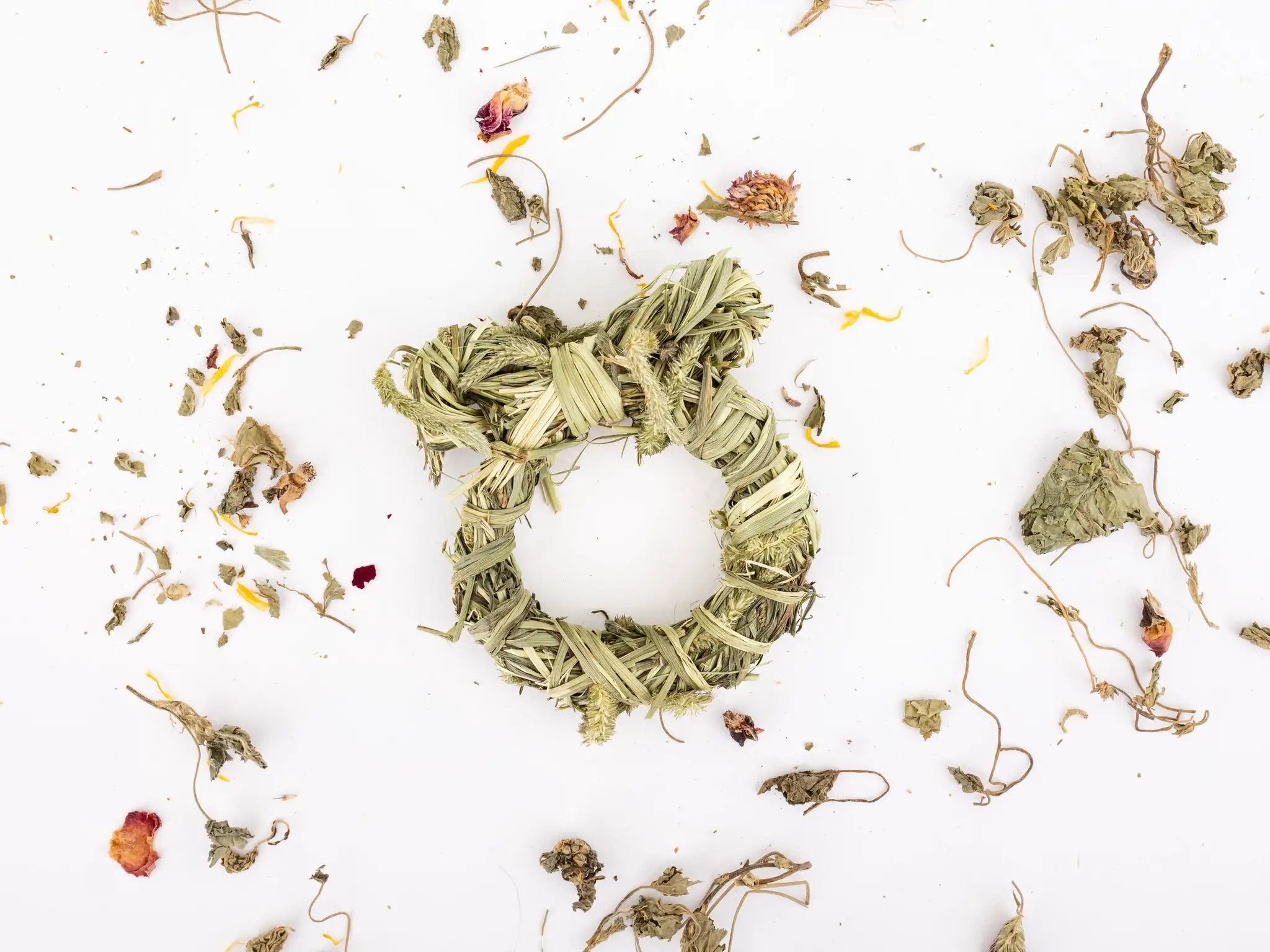 Bunny Ring Trio toy by Clover Days, natural braided straw chew treats.