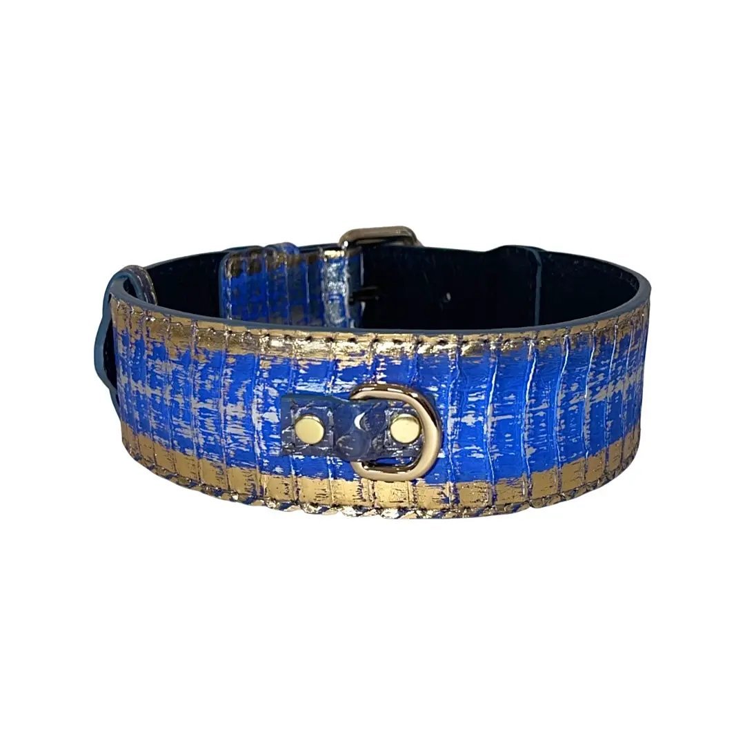 Snake-print collar, Allysa Payne Beverly Hills, blue and gold textured faux leather with gold hardware