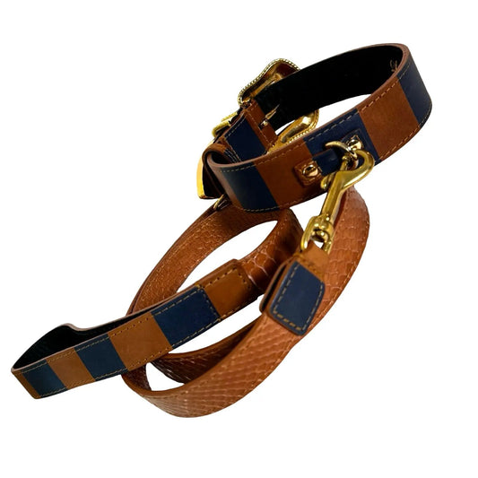 Riviera Swarovski Crystal Edition collar and leash set in brown and navy leather with gold hardware