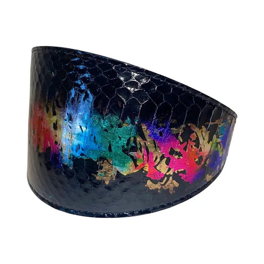 Wide Style Art Deco Snake Collar by Allysa Payne Beverly Hills in black snakeskin with iridescent rainbow foil.
