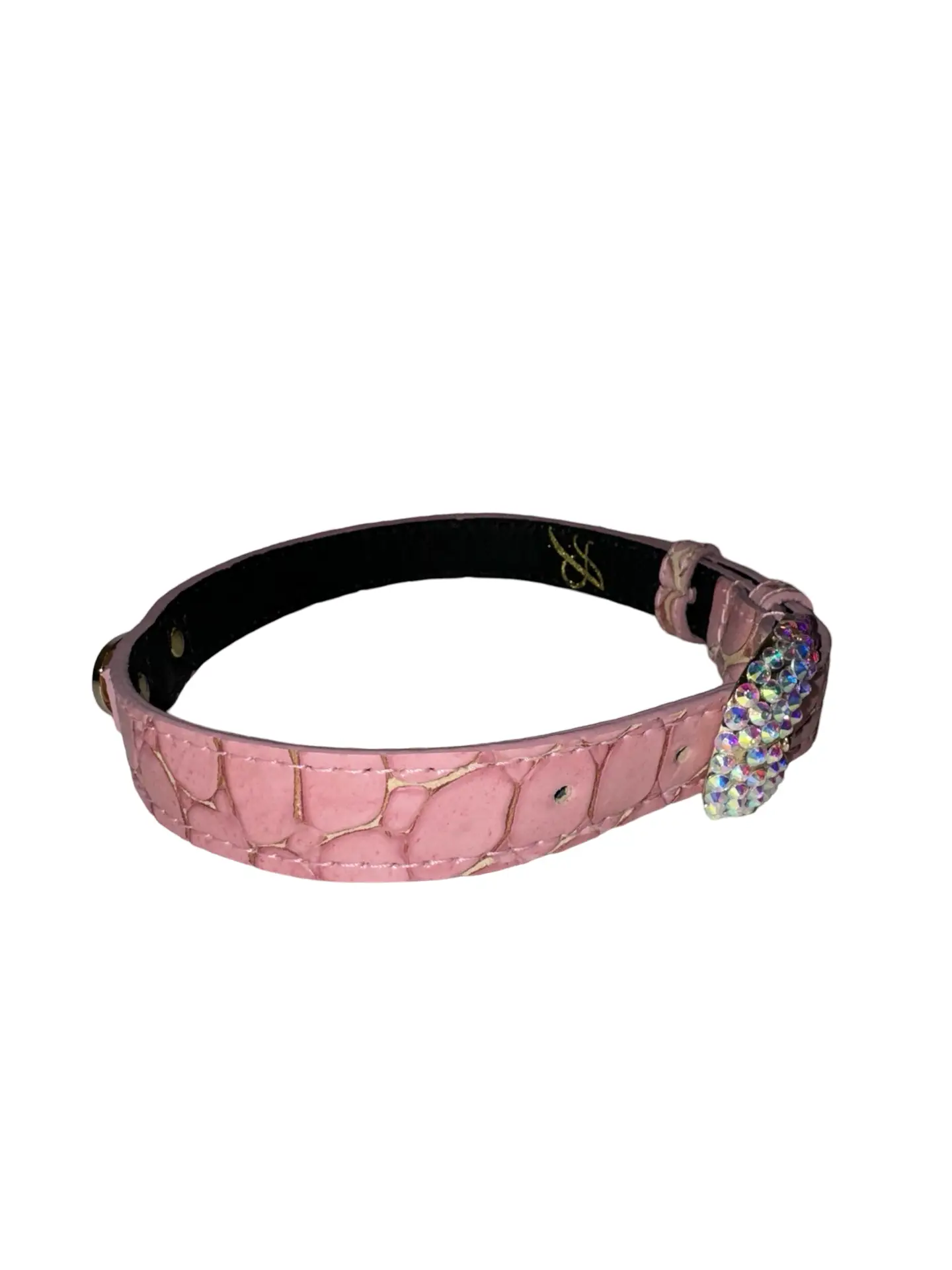Soft Pink Embossed Croc Italian Leather Pet Collar, Allysa Payne Beverly Hills, pink with crystal buckle.