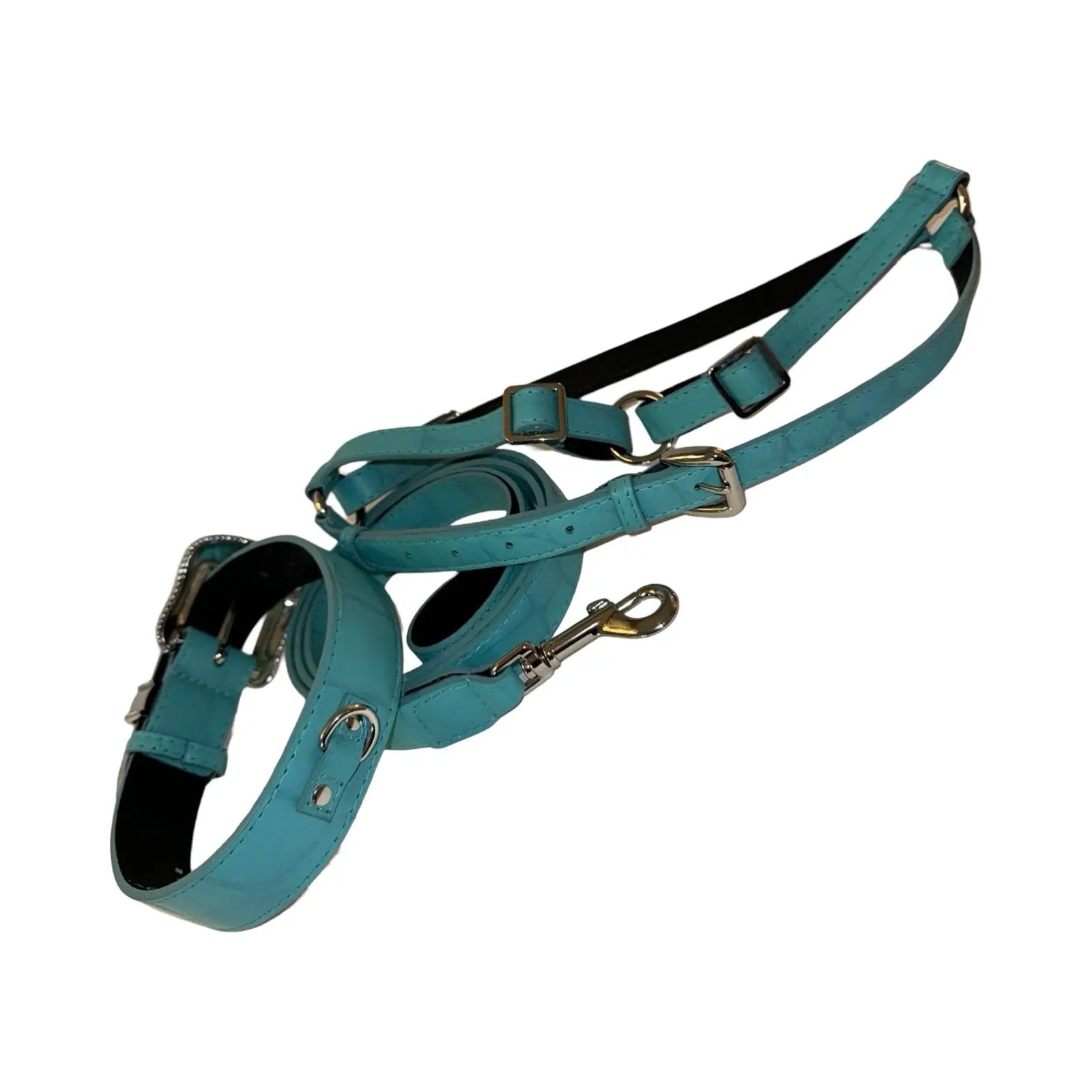 The Tiffany Collection turquoise blue embossed croc leather collar, leash & harness set with Swarovski crystal hardware