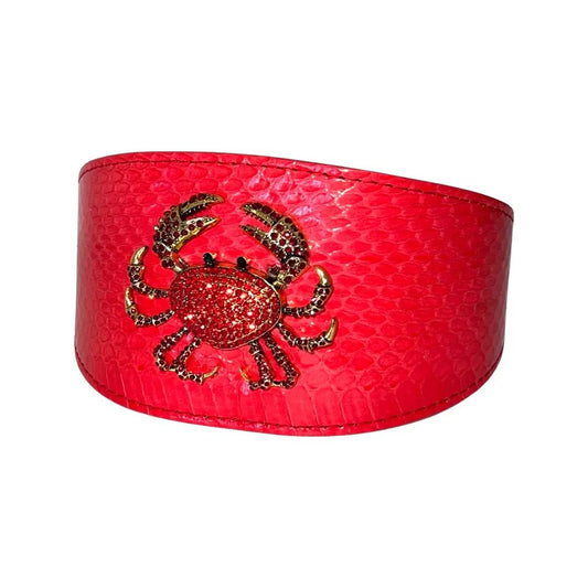 Red-orange snake-skin wide style collar with rhinestone crab accent
