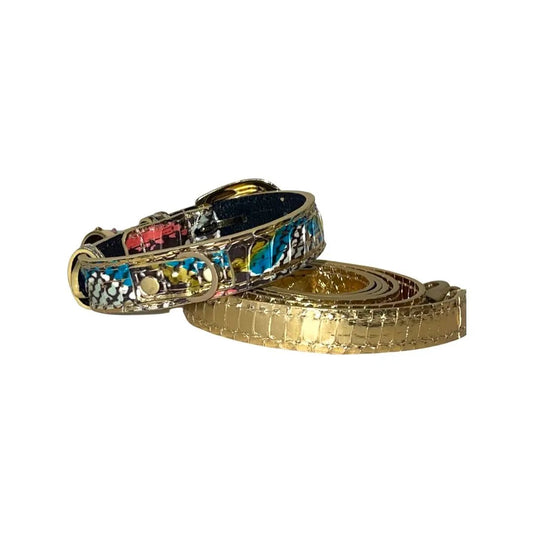 Collar and leash set; XS Scottsdale multi-tone gold snake collar with Italian oval hardware and Swarovski crystal charm