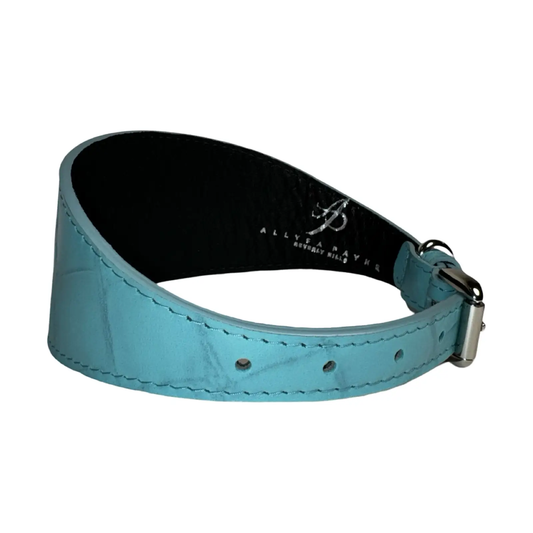 The Tiffany Collection turquoise blue embossed croc Italian leather 3-inch wide dog collar with silver hardware