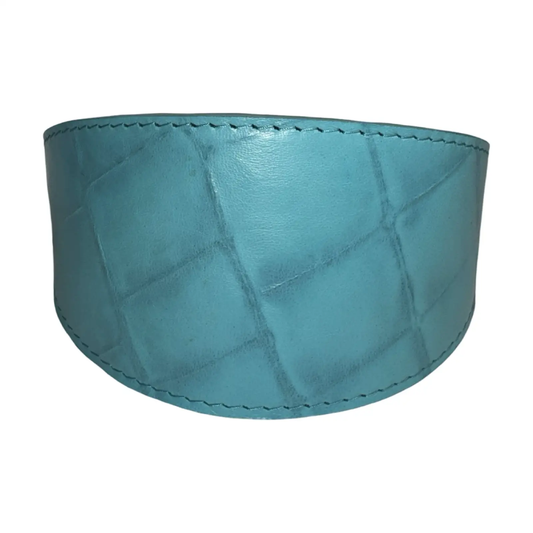 Leather collar: turquoise blue embossed croc leather, 3-inch wide with silver hardware