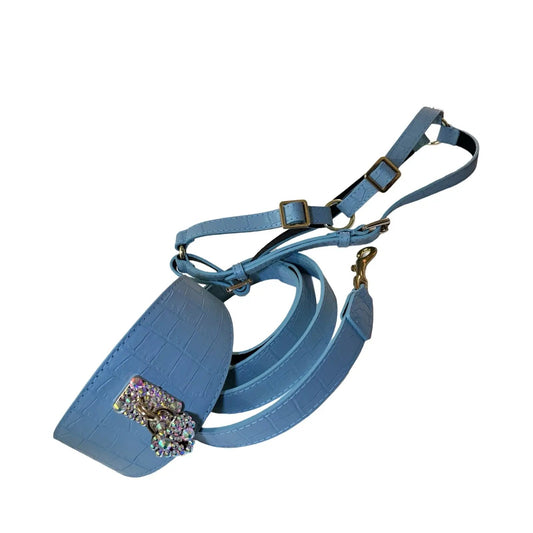 Del Mar collar, leash and harness set in blue crocodile-embossed leather with gold hardware and rhinestone accent