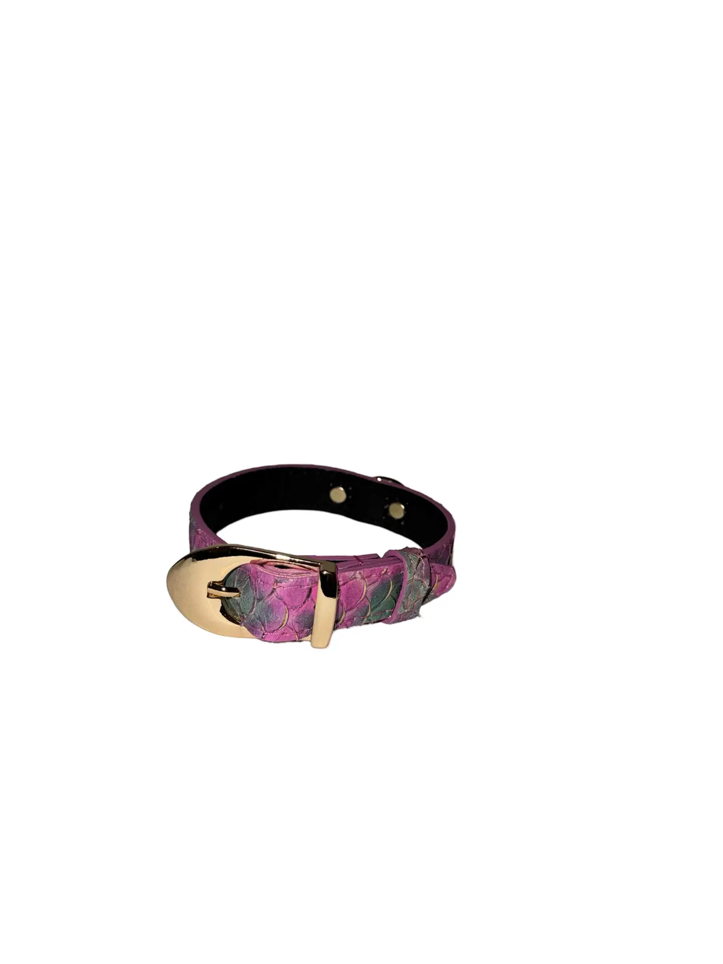 Mermaid Collection XS Collar by Allysa Payne Beverly Hills, purple iridescent faux leather with gold buckle