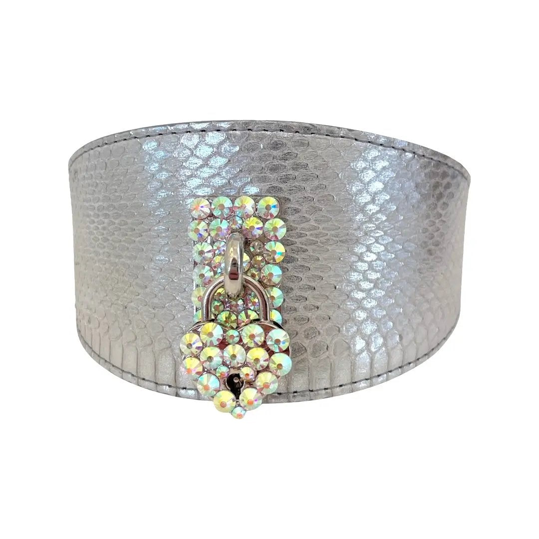 Love Collection bracelet by Allysa Payne Beverly Hills; silver snakeskin band with iridescent crystal heart lock charm