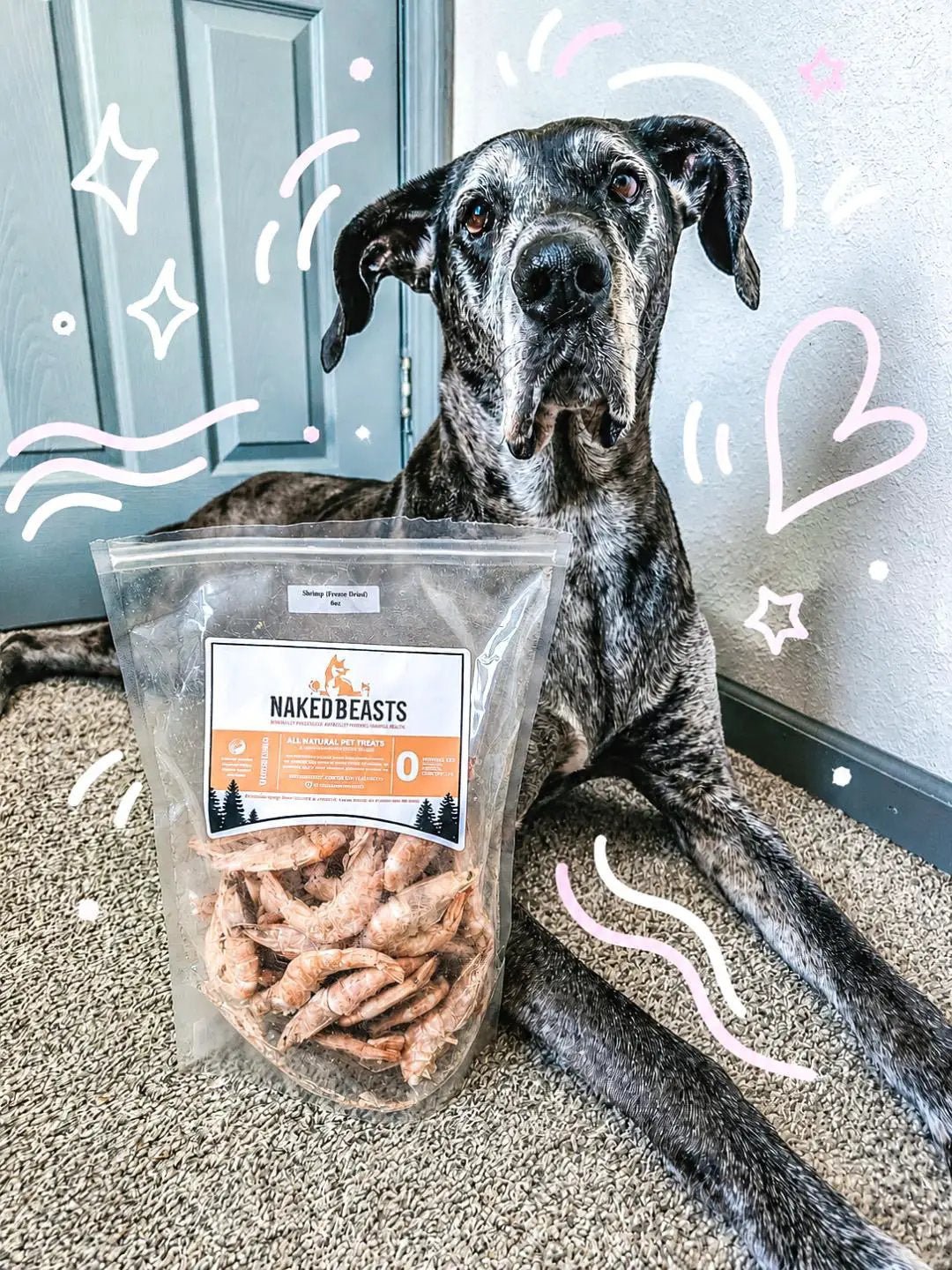 Shrimp dog treats by Naked Beasts in a clear resealable bag.