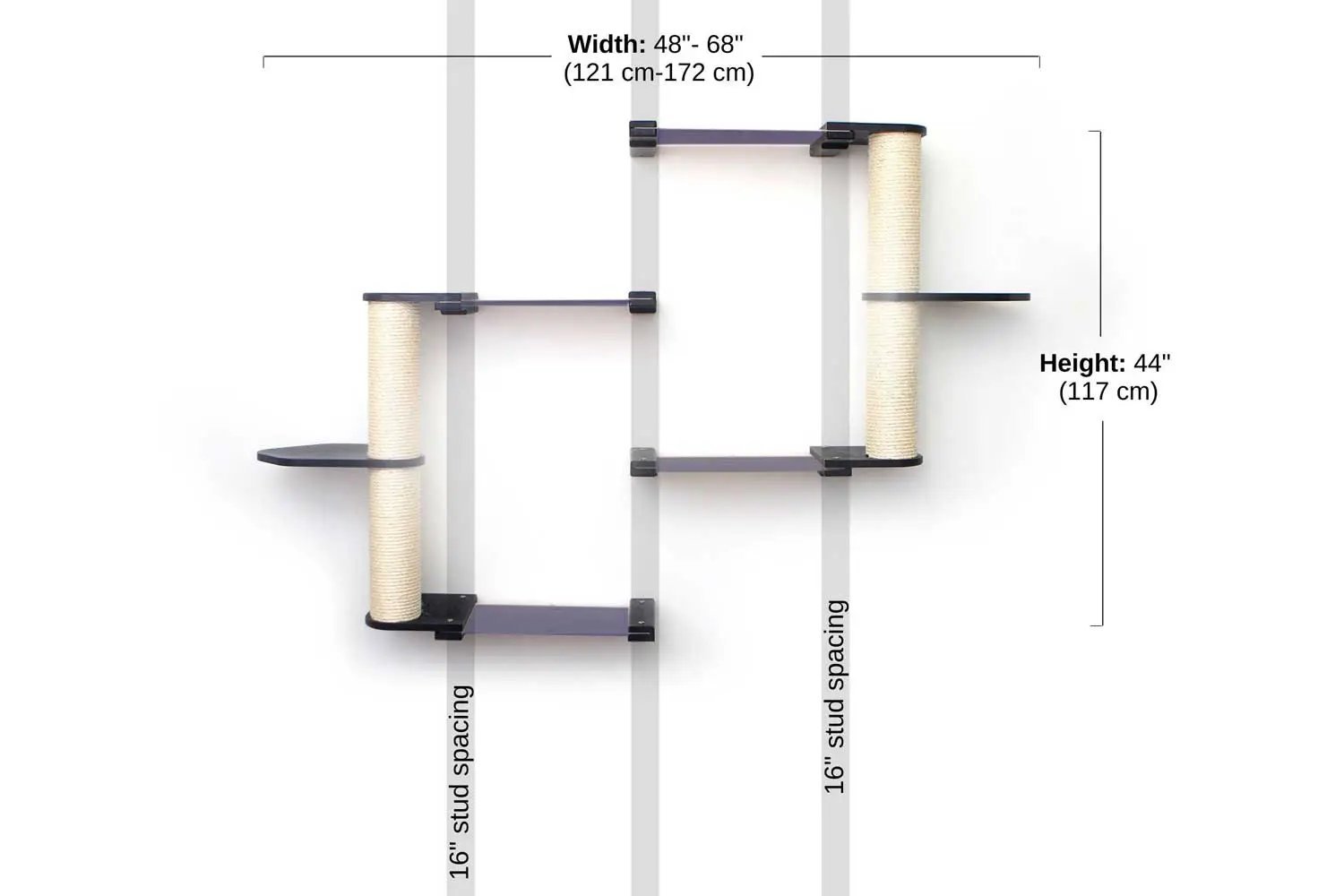 The Catacombs Cat Tree Scratching Post System cat condo by Catastrophic Creations; dark purple platforms, sisal posts.