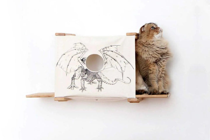 Cat Cubby for Wall - Covered Cat Bed; wooden wall-mounted cubby with dragon-illustrated canvas cover