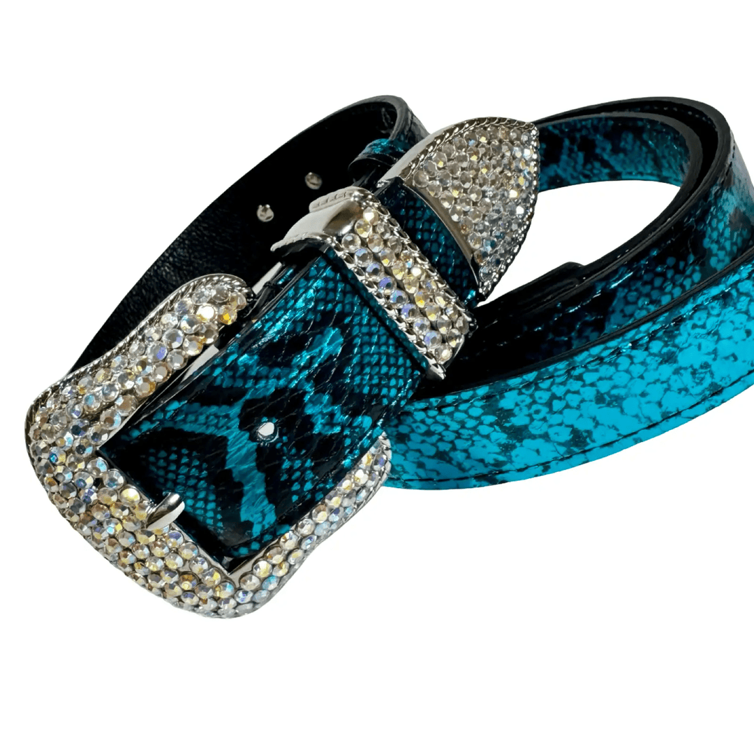 Blue and black Serpente belt set with crystal-embellished buckle by Allysa Payne Beverly Hills