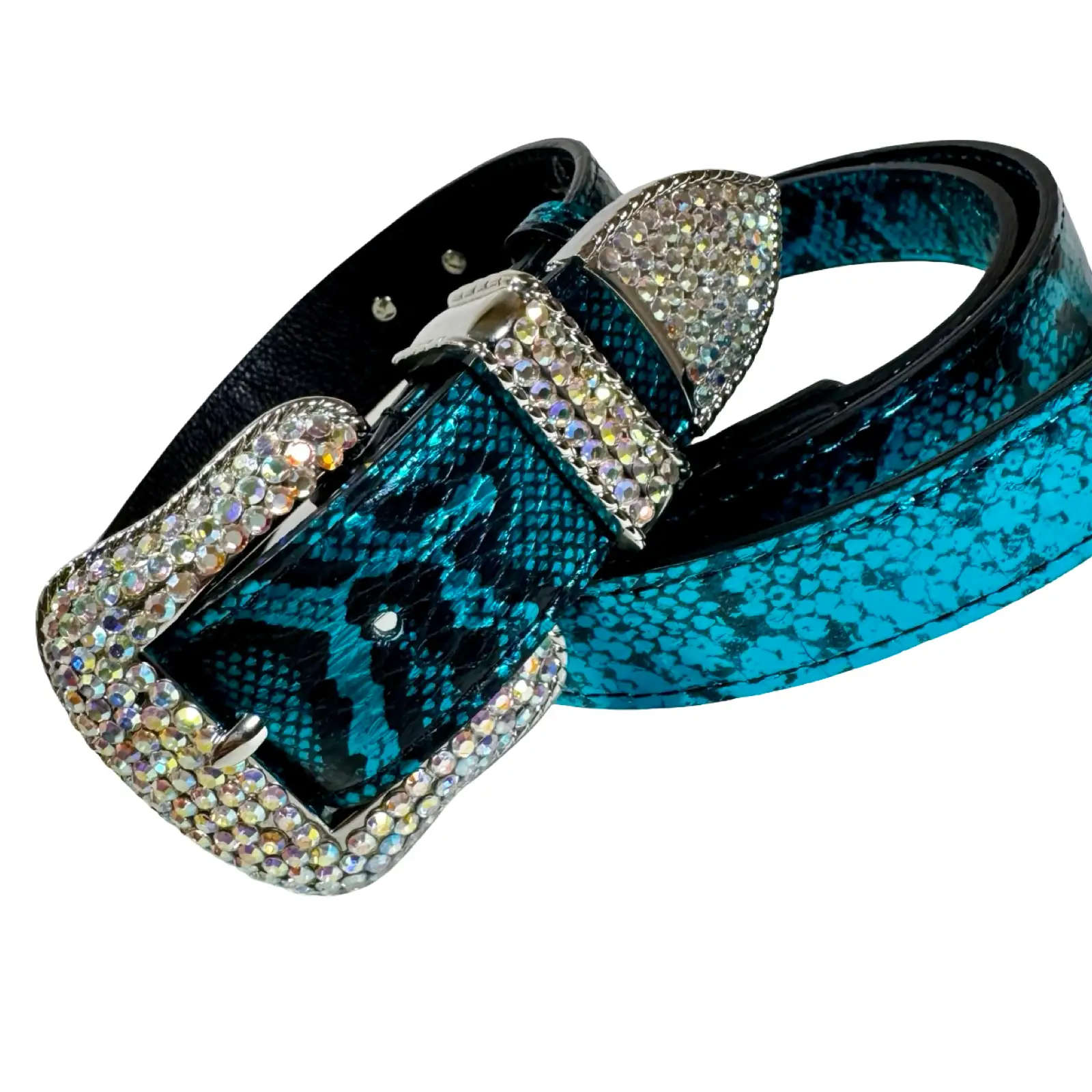 Blue and black Serpente belt set with crystal-embellished buckle by Allysa Payne Beverly Hills