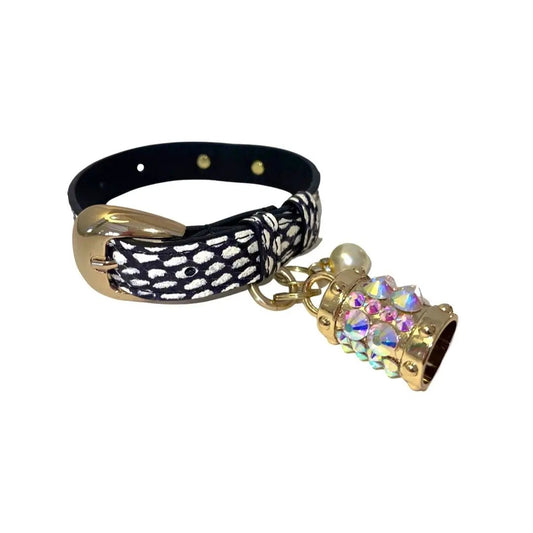 XS 7–14in white & navy polka dot snake dog collar with gold Italian hardware and Swarovski crystal pearl charm