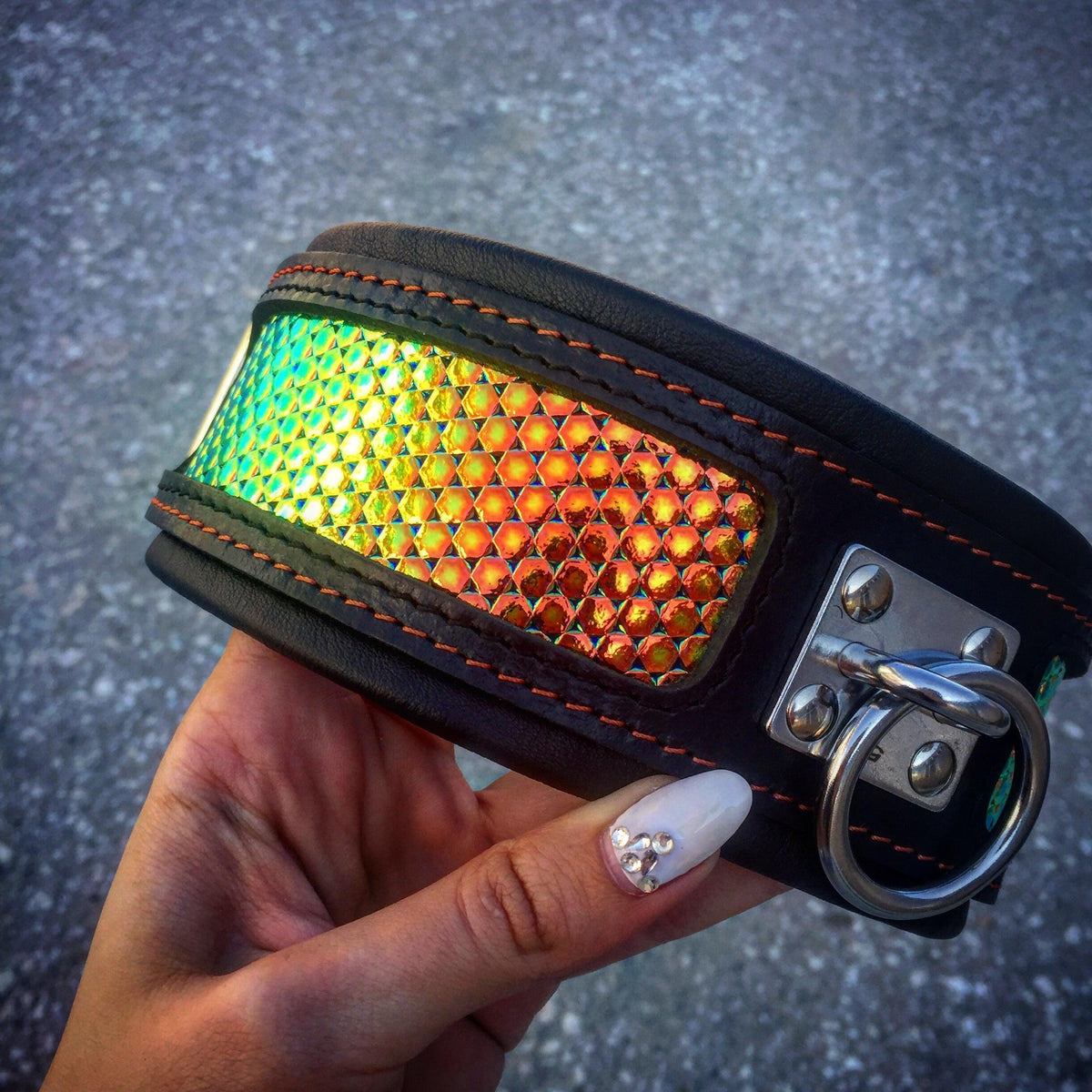 Bestia D'Albertis black and iridescent leather dog collar, view 2