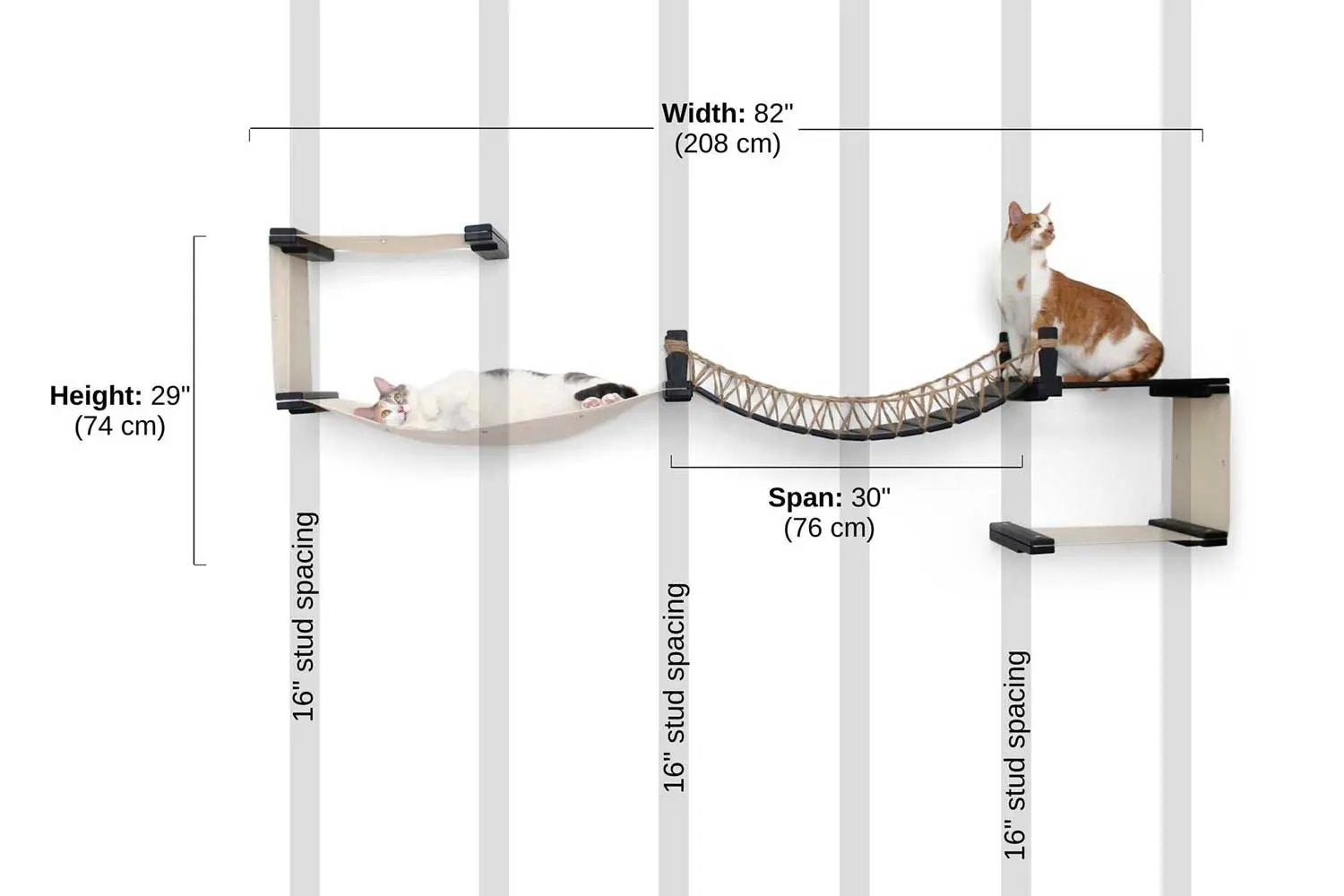 The Canyon Cat Condo by Catastrophic Creations; beige hammock with rope bridge for two cats.
