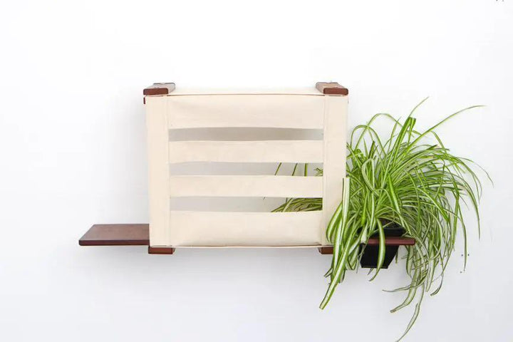 Deluxe Cat Cubby Bed cat condo in beige fabric with a wooden frame