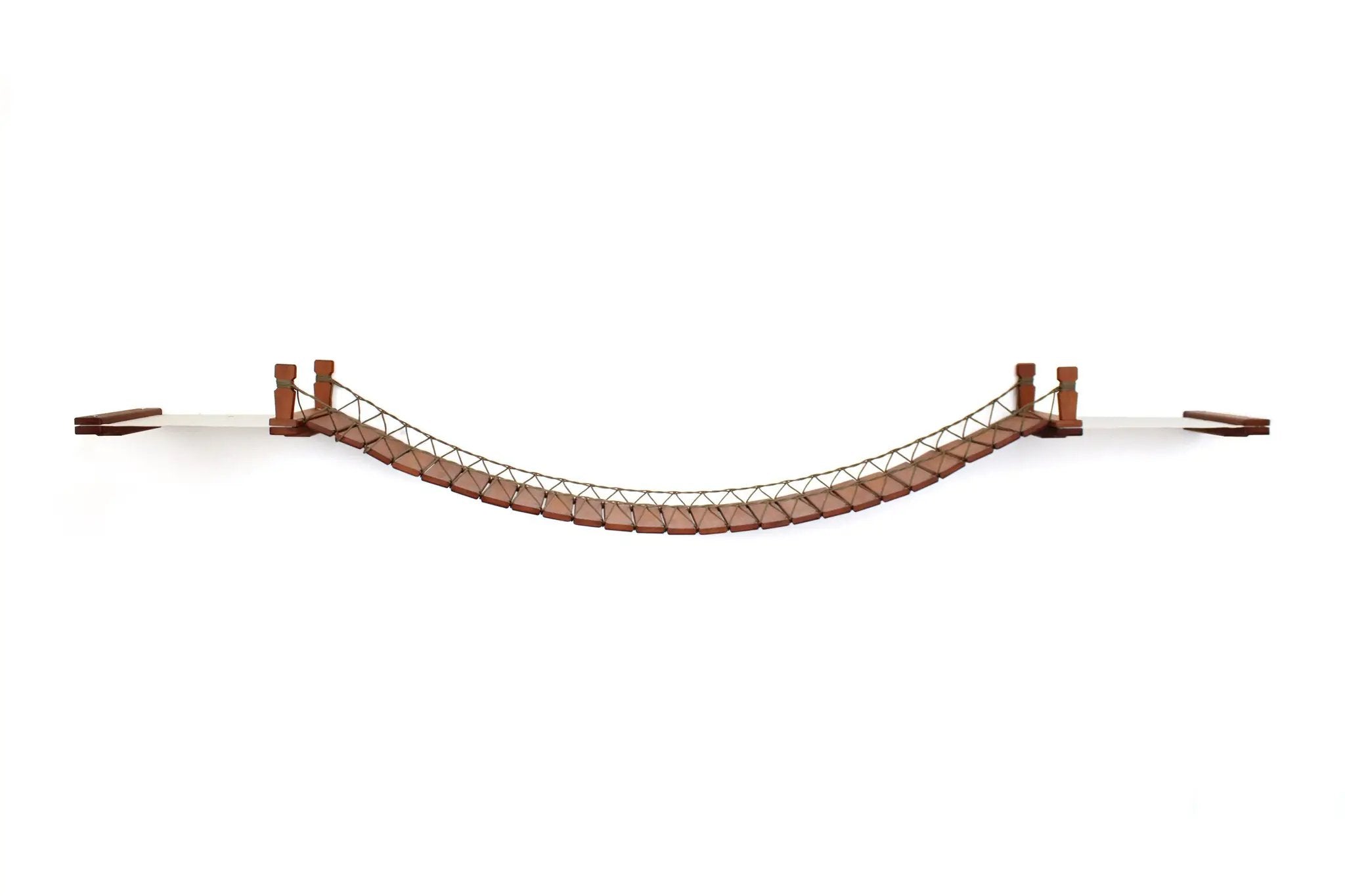 Double Cat Hammock and Climbing Bridge Combo: brown wooden supports with rope lattice, curved bridge