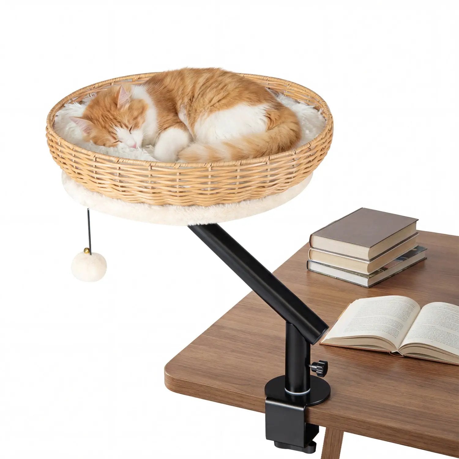 Cat Desk Bed by DirectDeals; beige wicker basket with removable padded cushion on a desk perch.