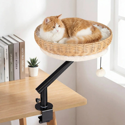 Cat Desk Bed by DirectDeals with removable cushion in a wicker basket on a black adjustable stand.