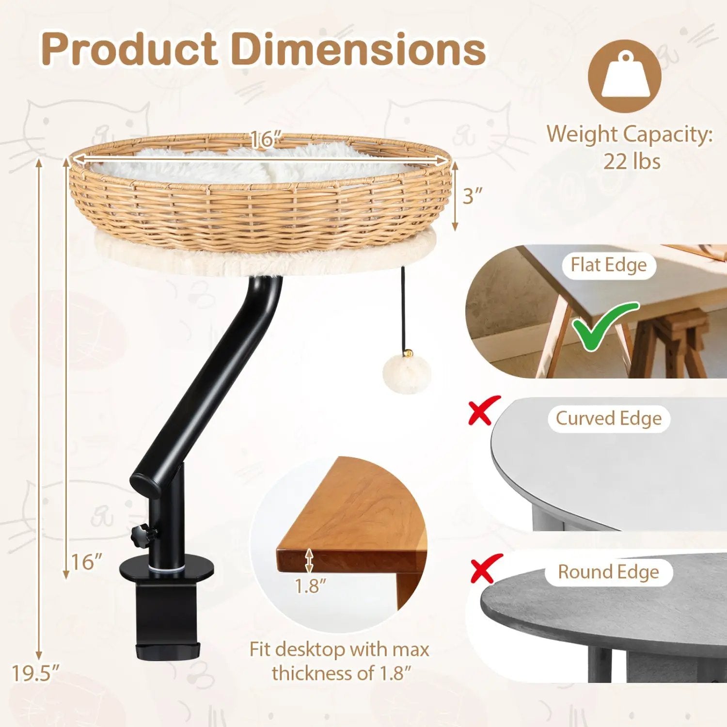 Cat desk bed with removable padded cushion in a wicker basket on a black stand for indoor cats.