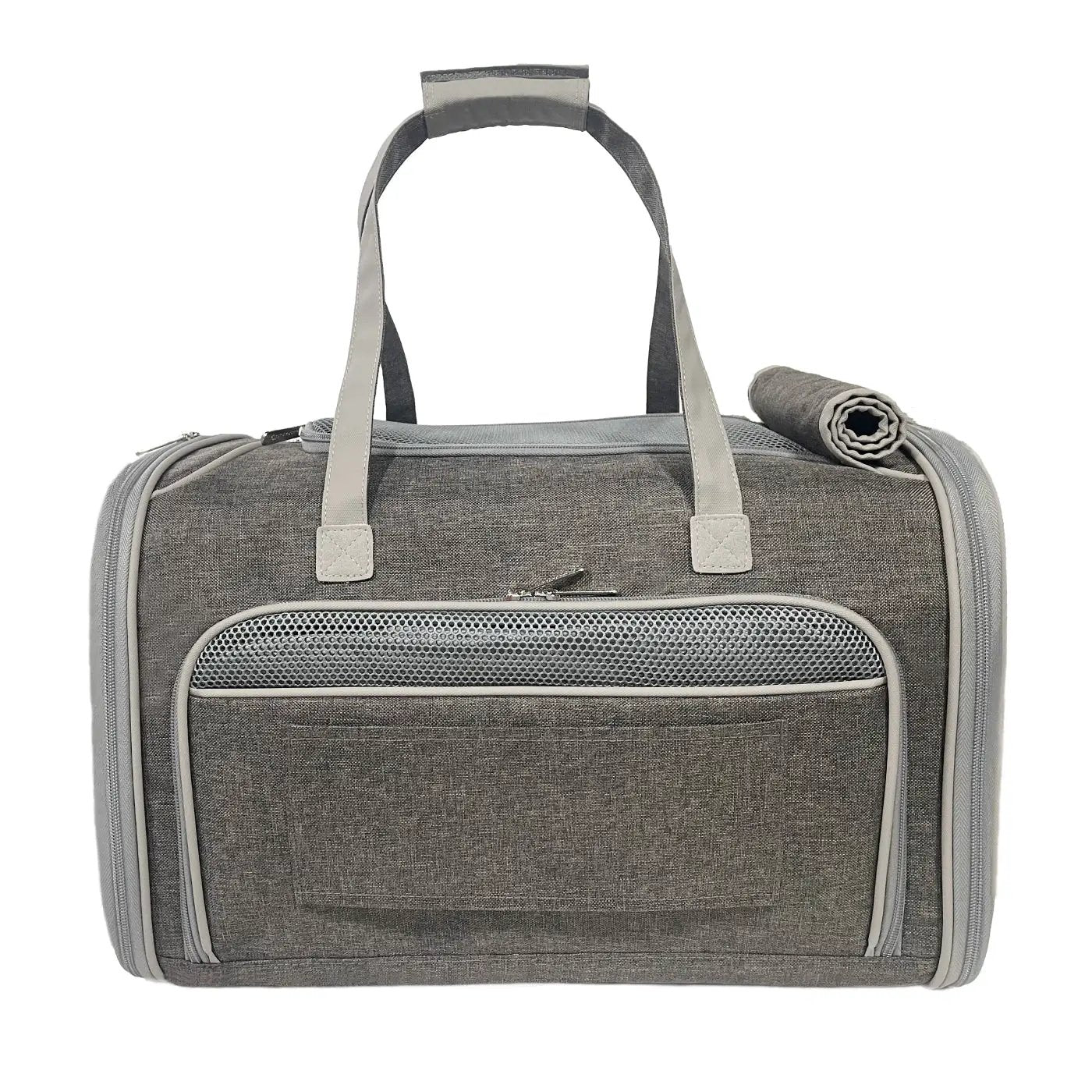 Mr. Peanut's Gold Series Big Apple XL Expandable Pet Carrier V3.0, gray fabric, air travel approved.