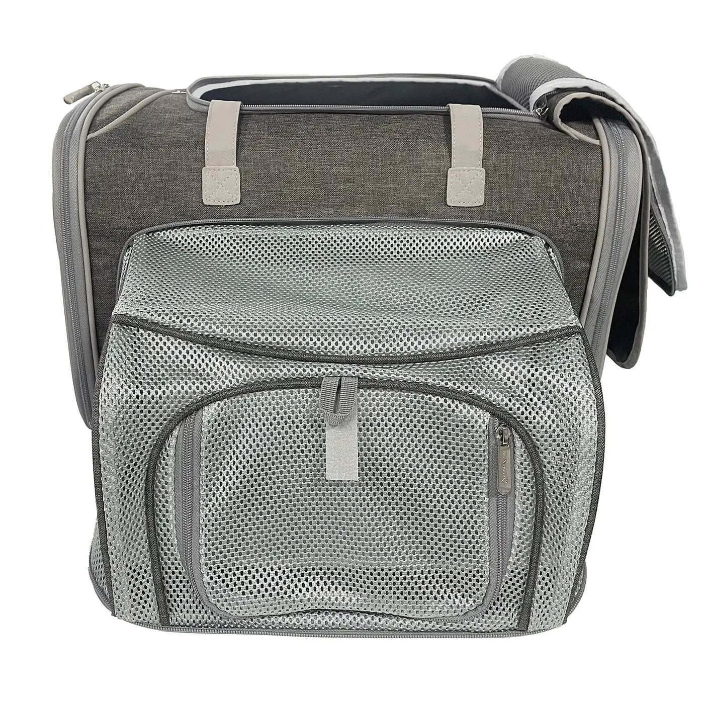Mr. Peanut's Gold Series Big Apple XL Expandable Pet Carrier V3.0; gray fabric, silver mesh front pocket.