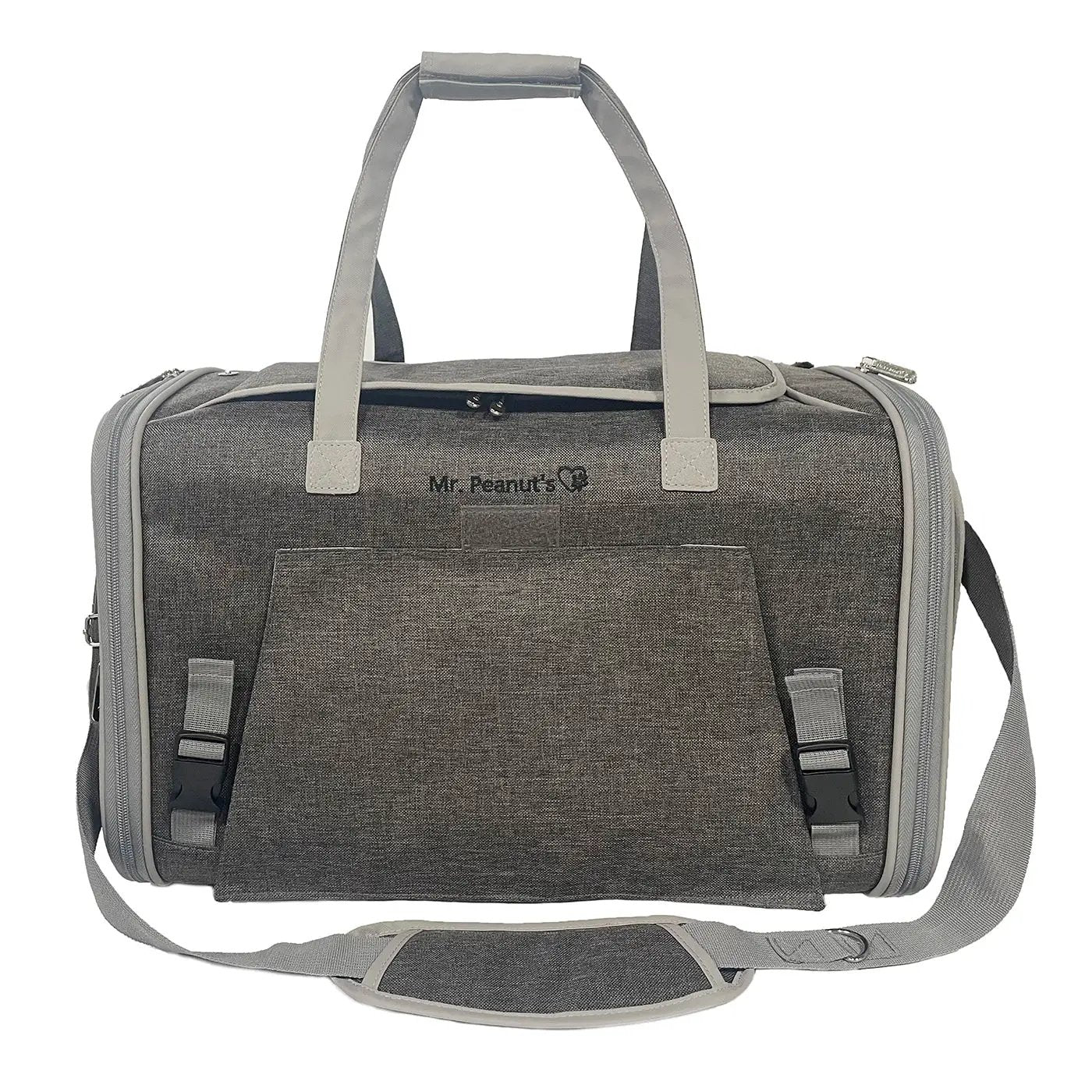 Mr. Peanut's Gold Series Big Apple XL Expandable Pet Carrier V3.0, gray fabric, air travel approved.
