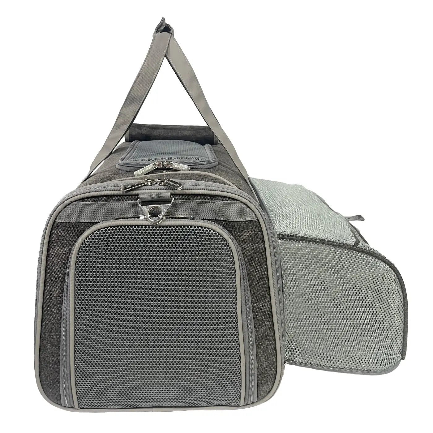Mr. Peanut's Gold Series Big Apple XL Expandable Pet Carrier V3.0, gray fabric with mesh panels, air-travel approved