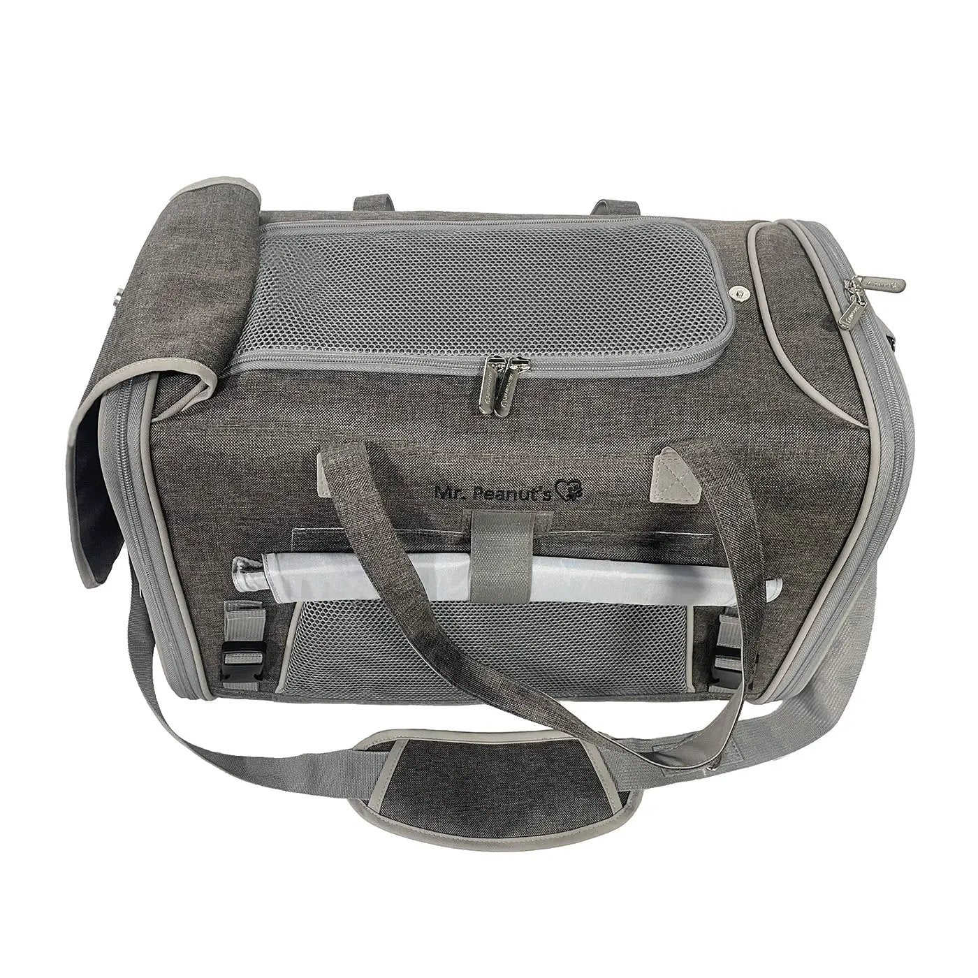 Mr. Peanut's Gold Series Big Apple XL Expandable Pet Carrier V3.0, gray fabric with mesh vent panels.