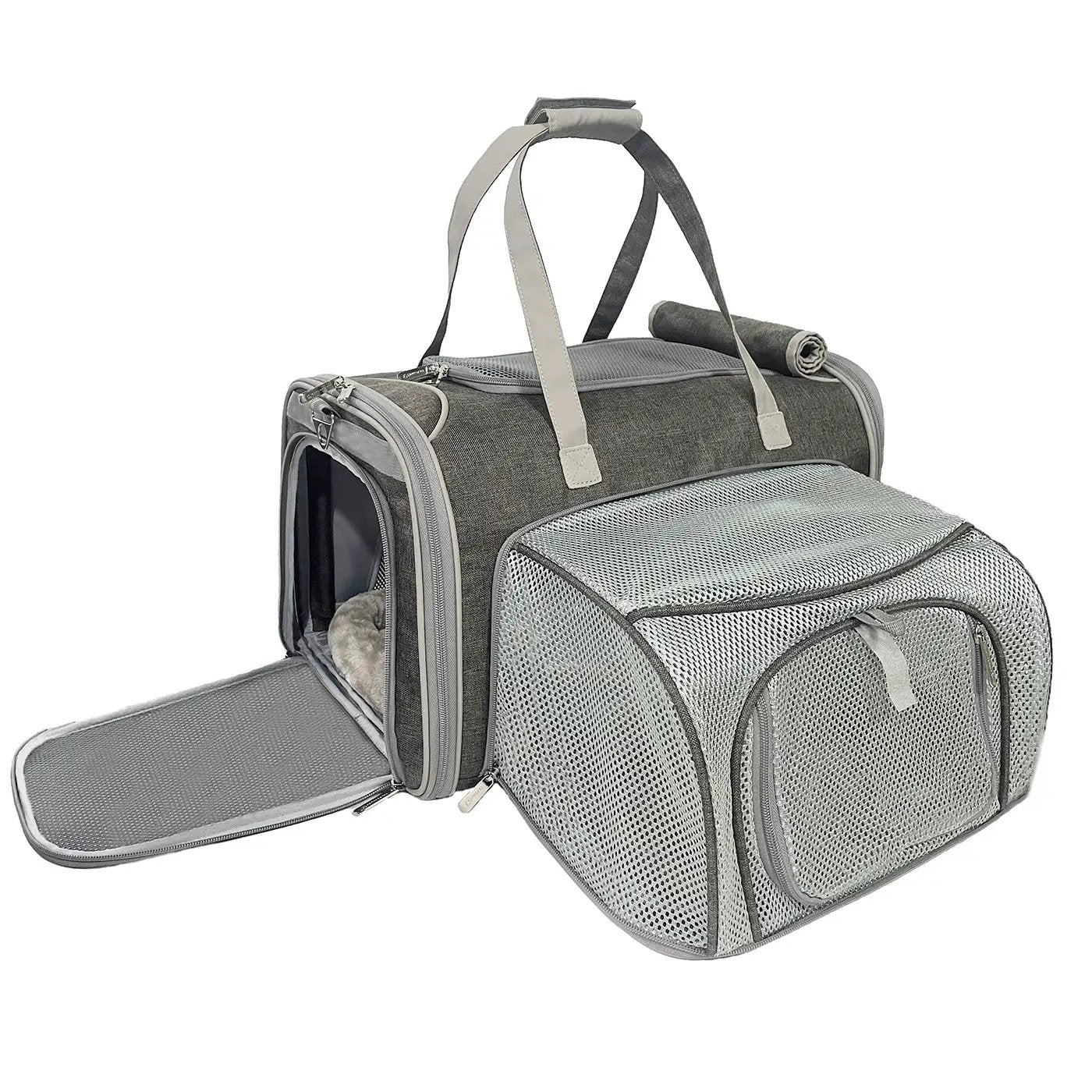 Mr. Peanut's Gold Series Big Apple XL Expandable Pet Carrier V3.0, grey fabric with mesh front and expandable sides