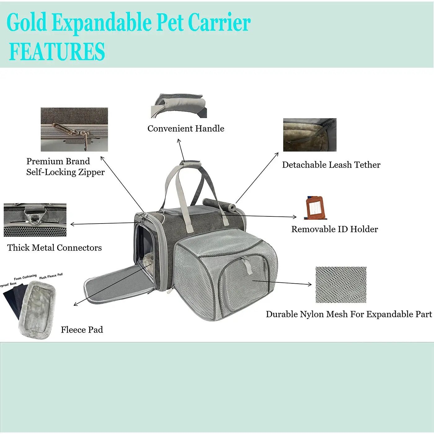 Mr. Peanut's Gold Series Big Apple XL Expandable Pet Carrier V3.0, air-travel compliant, grey nylon with mesh panels