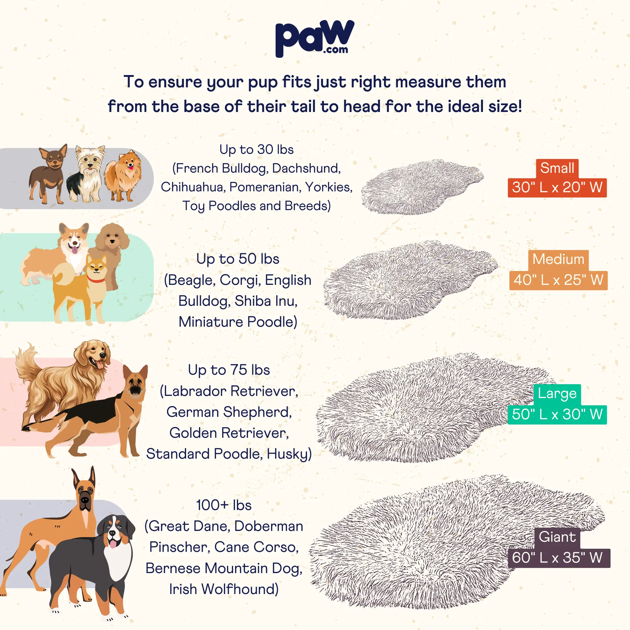 PupRug by Paw.com faux fur orthopedic dog bed, curve white with brown accents; size chart shows small to giant.