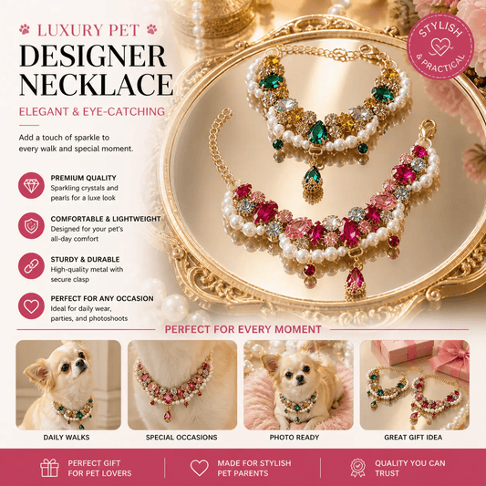 Luxury Designer Crystal Pearl Dog Necklace Gold Tone One Size by Jane's Pet Boutique