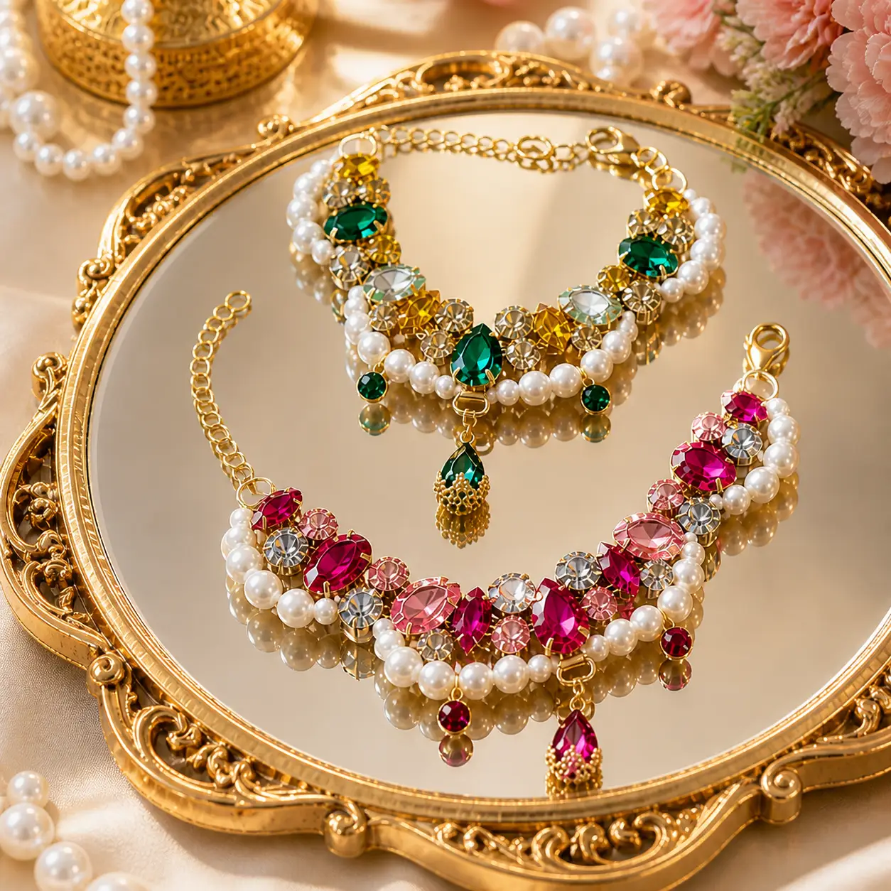 Luxury Designer Crystal Pearl Dog Necklace Gold Tone One Size by Jane's Pet Boutique