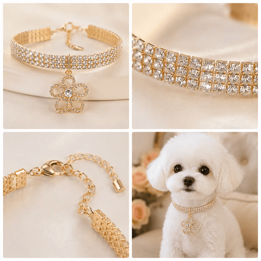 Luxury Crystal Flower Dog and Cat Necklace Rhinestone Gold Collar by Jane's Pet Boutique