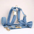 Load image into Gallery viewer, Luxury Blue Denim Dog Harness Leash Bow Tie Set Personalized Buckle by DDPaws
