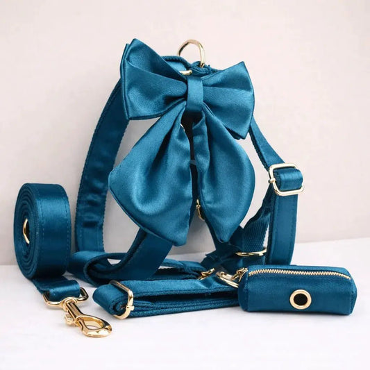 Luxe Blue Green Satin Dog Harness And Leash Set No Pull Custom Matching Pet Walking Gear Style by DDPaws