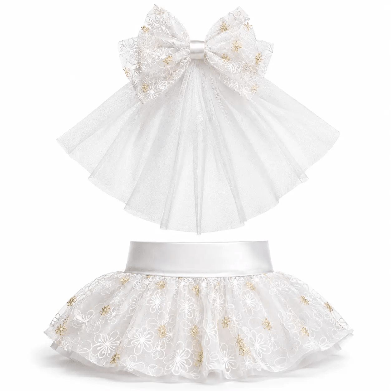 Bridal Lace Wedding Dog Dress by Bark Fifth Avenue; white lace tutu with satin waistband and gold-embroidered bow.