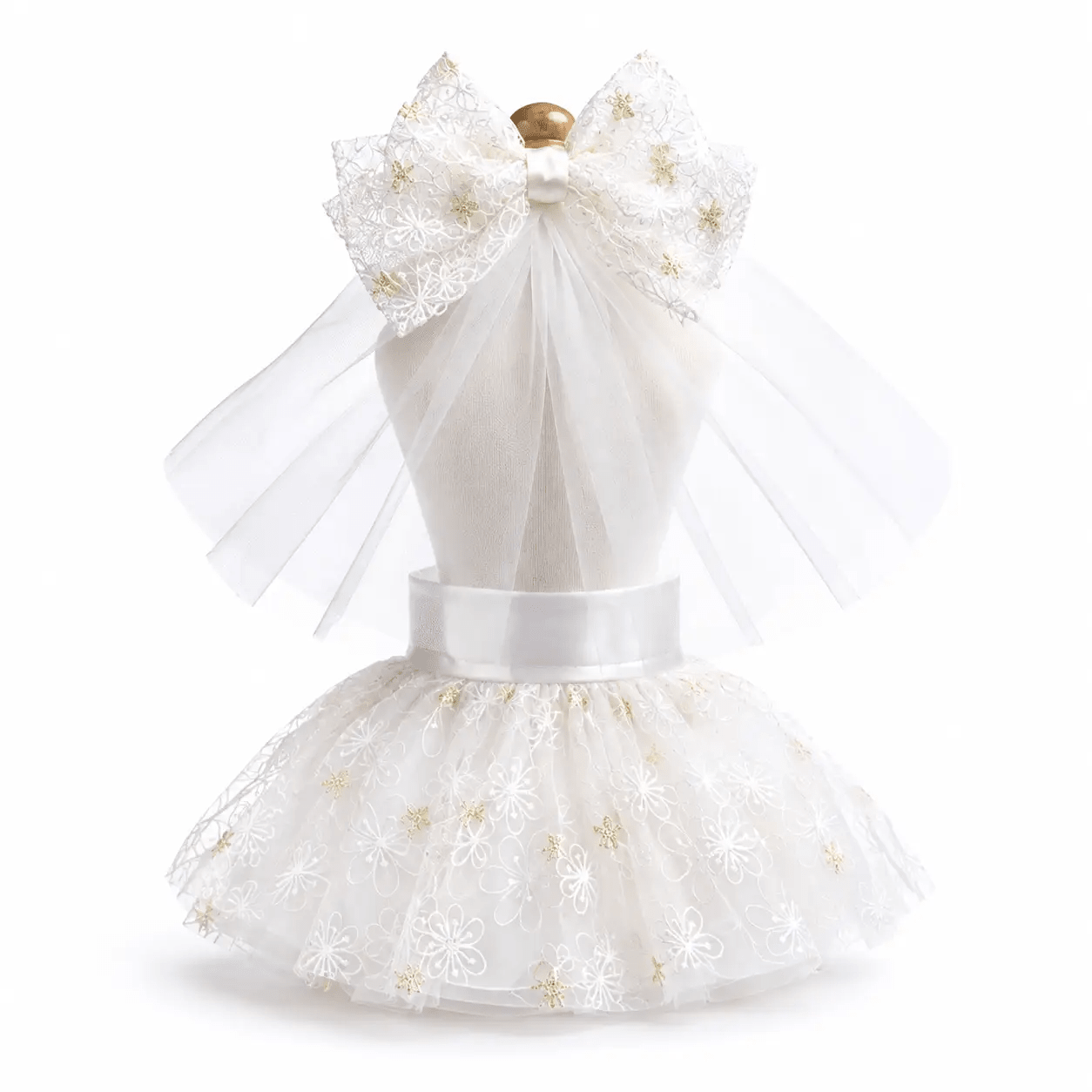 Bridal Lace Wedding Dog Dress by Bark Fifth Avenue; white lace, tulle skirt, large bow