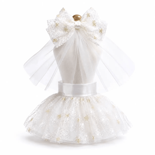 Bridal Lace Wedding Dog Dress by Bark Fifth Avenue; white lace, tulle skirt, large bow