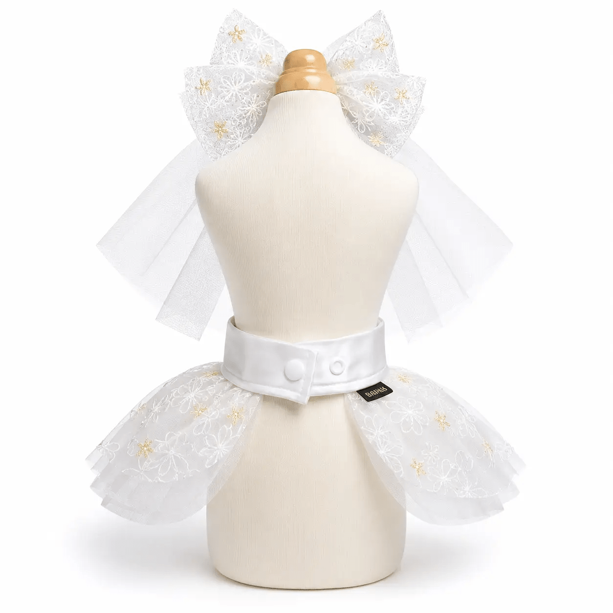 Bridal Lace Wedding Dog Dress by Bark Fifth Avenue; white lace with gold embroidery and satin belt for pets