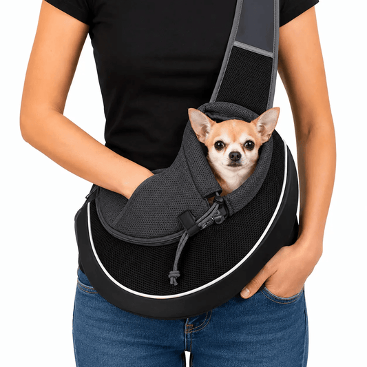 Breathable crossbody pet carrier for small dogs and cats; black mesh with gray trim for travel.