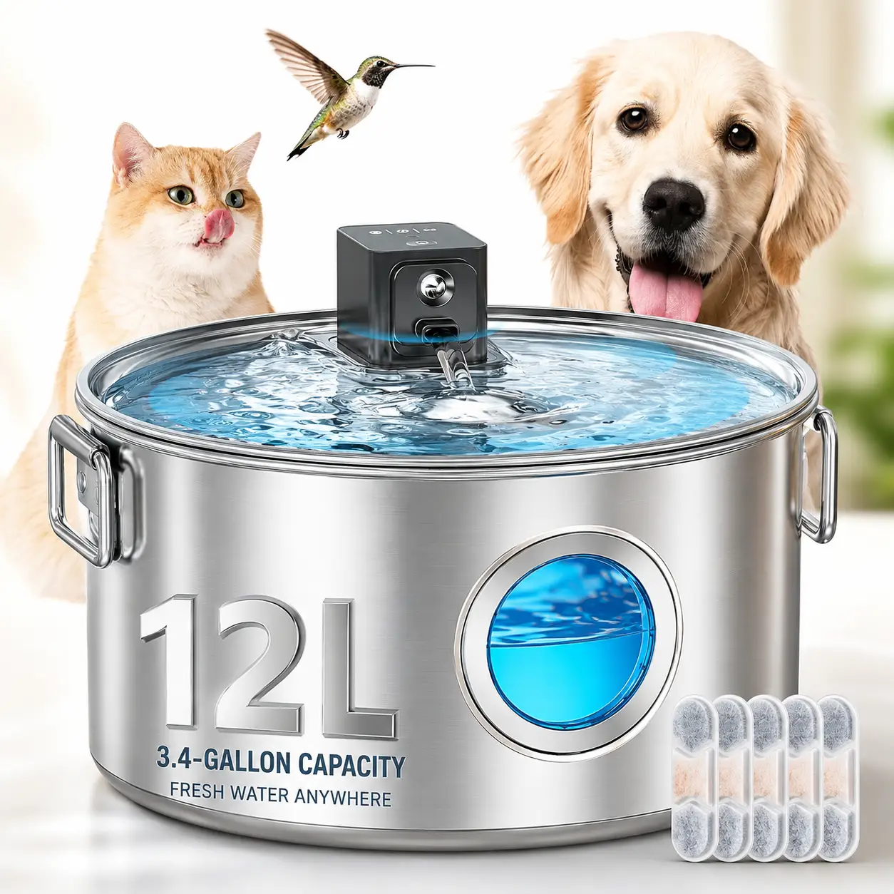 The Oasis 3.4-Gallon Wireless Pet Fountain by Wags & Whiskers; stainless steel fountain for cats and dogs with blue water.
