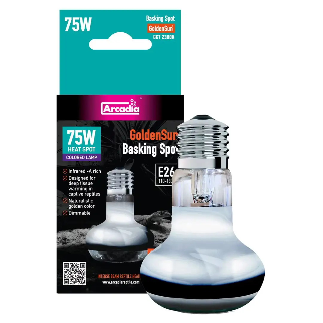 Arcadia GoldenSun Basking Spot Heater, 75W reptile heat lamp; packaging shows two bulbs.