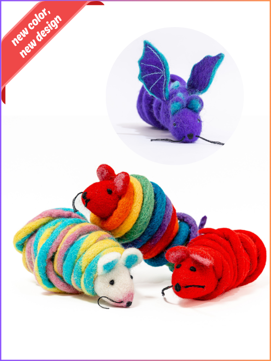 Catch a Mouse by the Tail wool cat toy set: three colorful plush mice for cats (rainbow-striped, white with teal ears, and red).