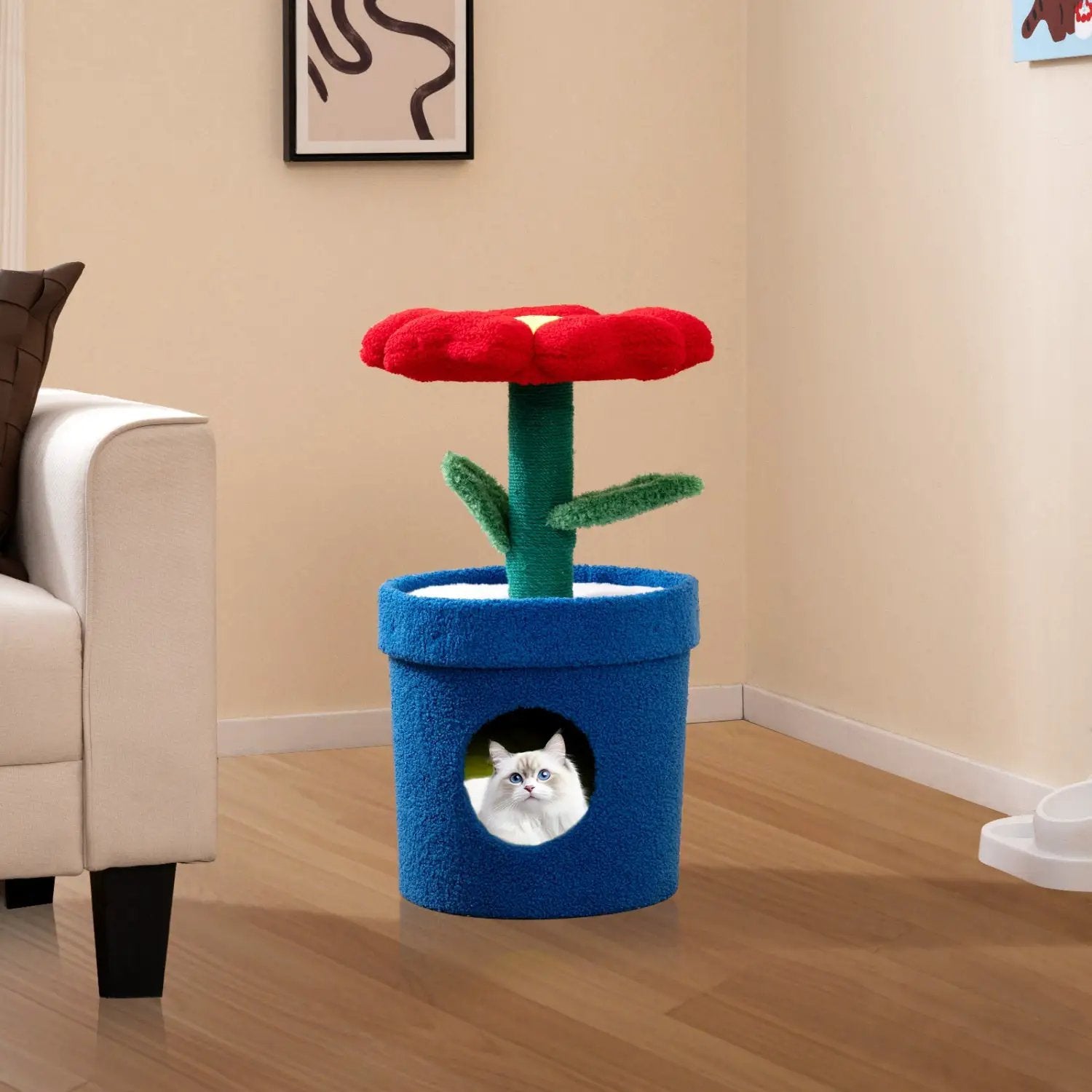 Cute Cat Tree by DirectDeals with blue base, green stem and red flower-padded perch for indoor cats