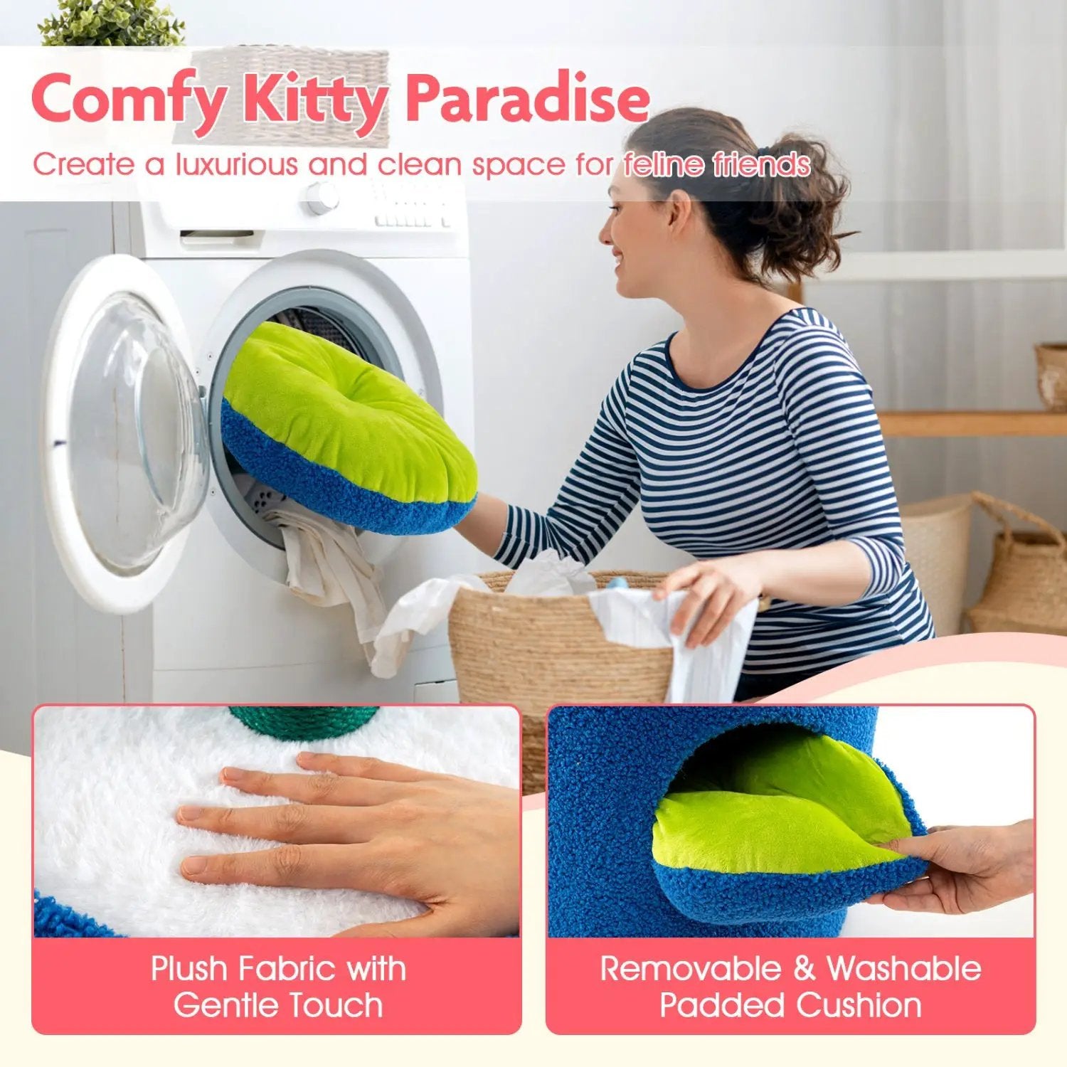 Cute Cat Tree with Flower Padded Perch for Indoor Cats by DirectDeals; lime green and blue plush cushion.