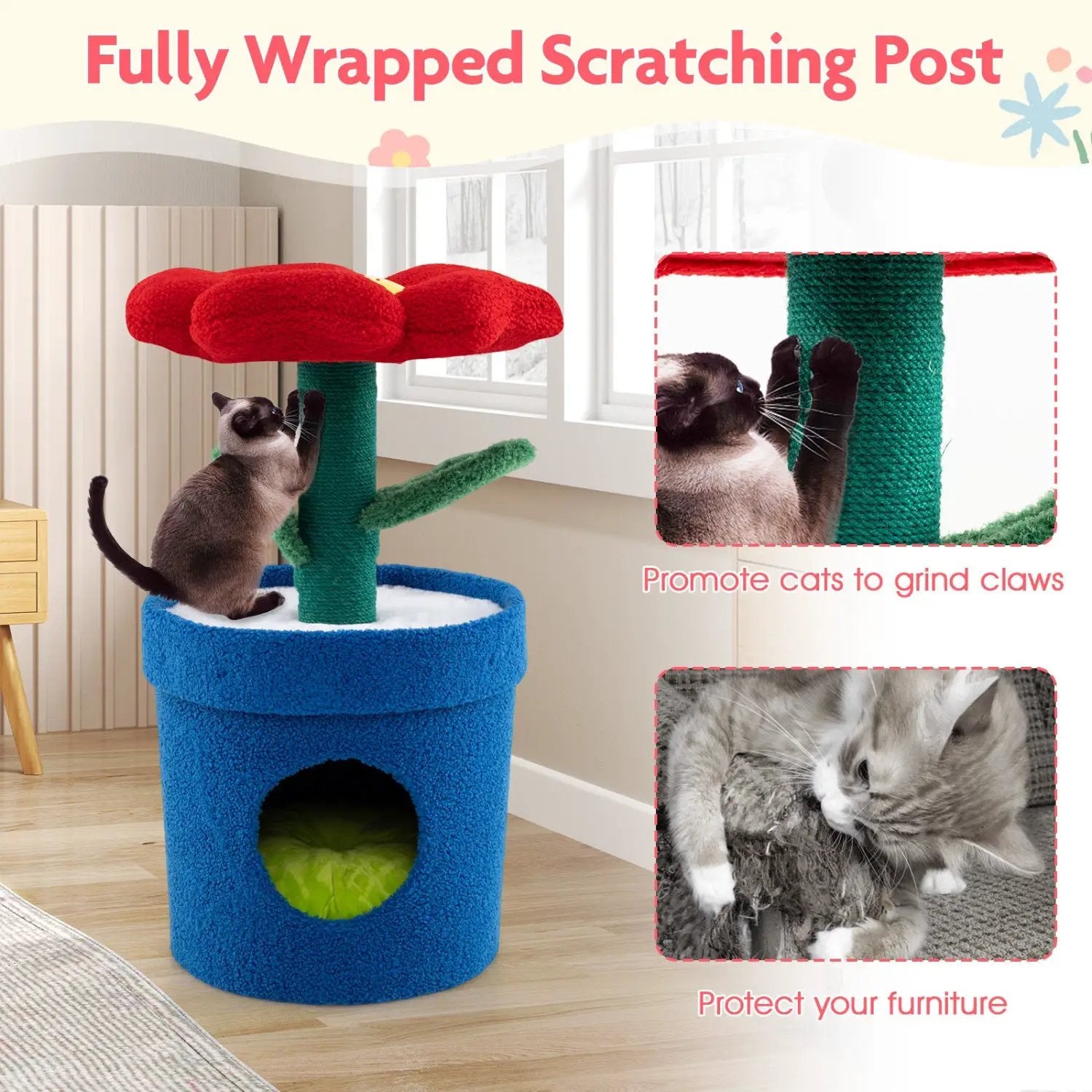 DirectDeals Cat Tree with Flower Padded Perch for Indoor Cats; blue base, green posts